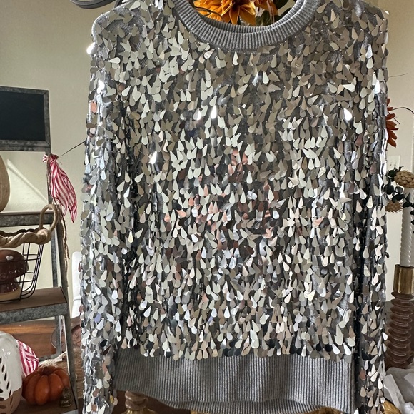 MICHAEL KORS  Teardrop Paillette Sequin Embellished Mirror Shimmer Sweater - Picture 5 of 8